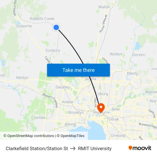 Clarkefield Station/Station St to RMIT University map
