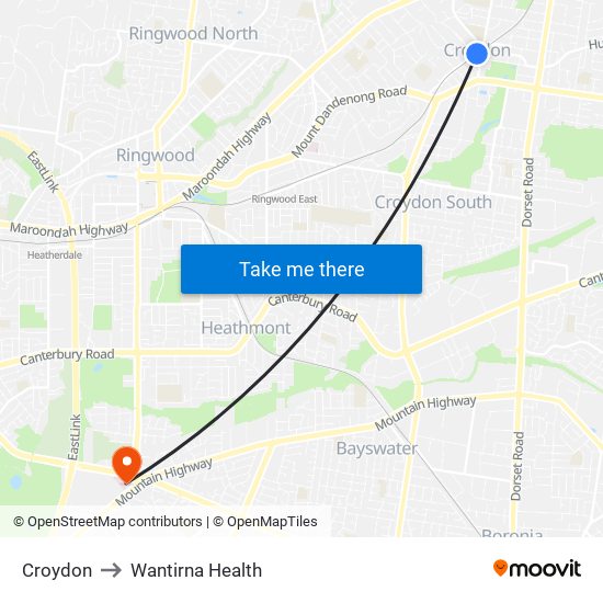 Croydon to Wantirna Health map