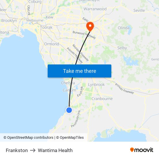 Frankston to Wantirna Health map