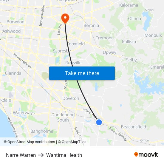 Narre Warren to Wantirna Health map