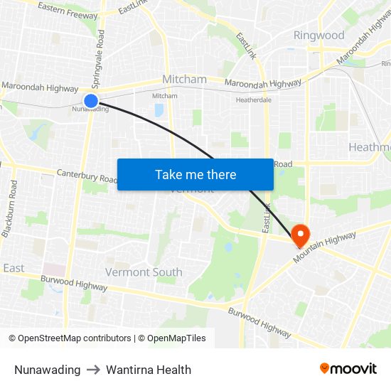 Nunawading to Wantirna Health map