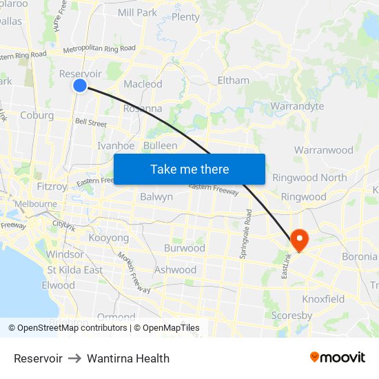 Reservoir to Wantirna Health map