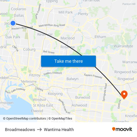 Broadmeadows to Wantirna Health map