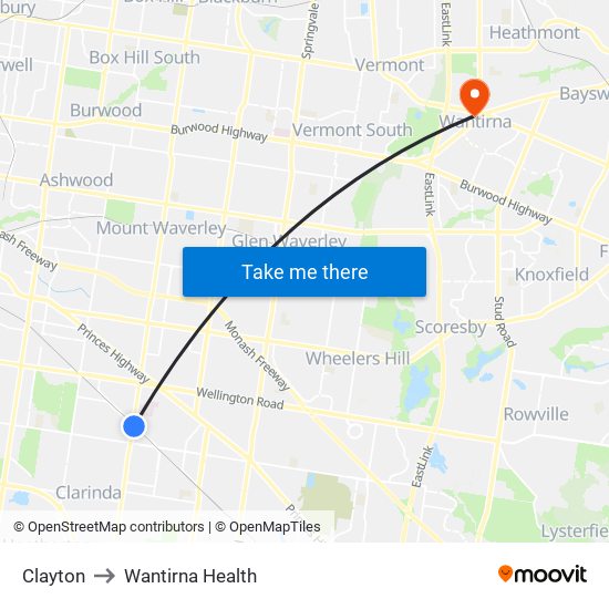 Clayton to Wantirna Health map