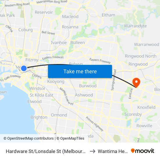 Hardware St/Lonsdale St (Melbourne City) to Wantirna Health map