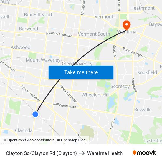 Clayton Sc/Clayton Rd (Clayton) to Wantirna Health map