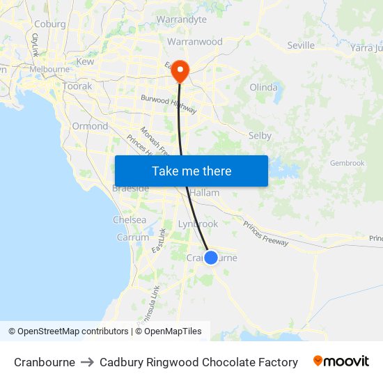 Cranbourne to Cadbury Ringwood Chocolate Factory map