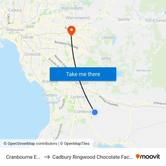 Cranbourne East to Cadbury Ringwood Chocolate Factory map