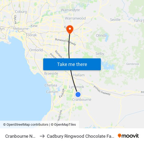 Cranbourne North to Cadbury Ringwood Chocolate Factory map