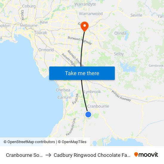 Cranbourne South to Cadbury Ringwood Chocolate Factory map