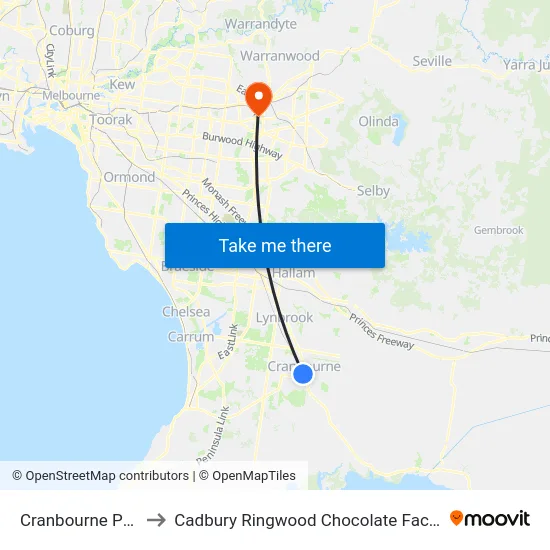 Cranbourne Park to Cadbury Ringwood Chocolate Factory map