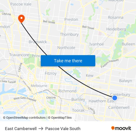 East Camberwell to Pascoe Vale South map