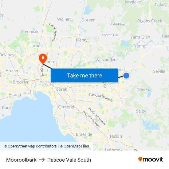 Mooroolbark to Pascoe Vale South map