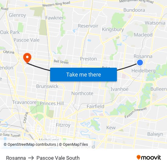 Rosanna to Pascoe Vale South map