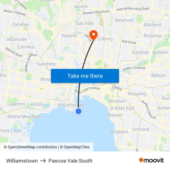 Williamstown to Pascoe Vale South map