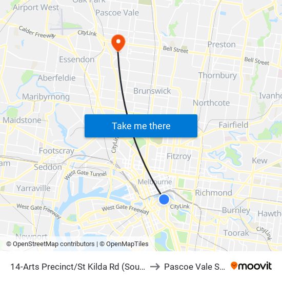 14-Arts Precinct/St Kilda Rd (Southbank) to Pascoe Vale South map