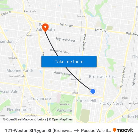 121-Weston St/Lygon St (Brunswick East) to Pascoe Vale South map