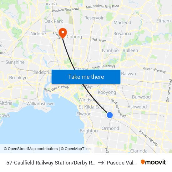 57-Caulfield Railway Station/Derby Rd (Caulfield East) to Pascoe Vale South map