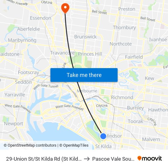 29-Union St/St Kilda Rd (St Kilda) to Pascoe Vale South map