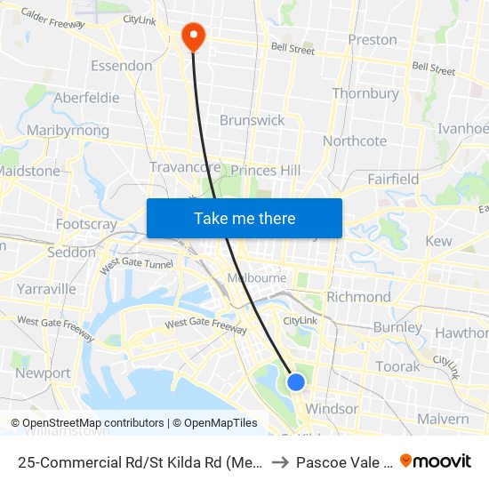 25-Commercial Rd/St Kilda Rd (Melbourne City) to Pascoe Vale South map