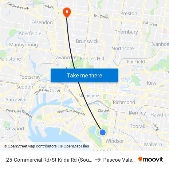 25-Commercial Rd/St Kilda Rd (South Melbourne) to Pascoe Vale South map