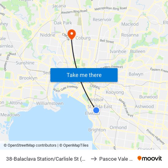 38-Balaclava Station/Carlisle St (Balaclava) to Pascoe Vale South map