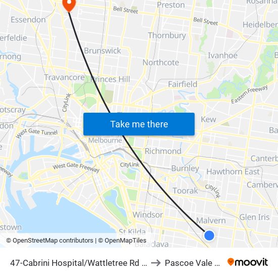 47-Cabrini Hospital/Wattletree Rd (Malvern) to Pascoe Vale South map