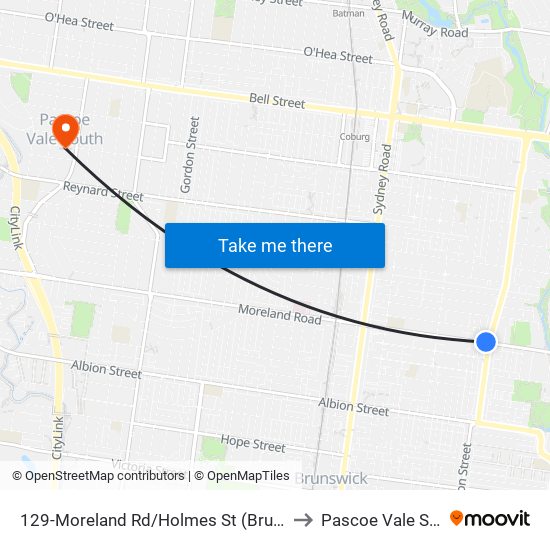 129-Moreland Rd/Holmes St (Brunswick) to Pascoe Vale South map