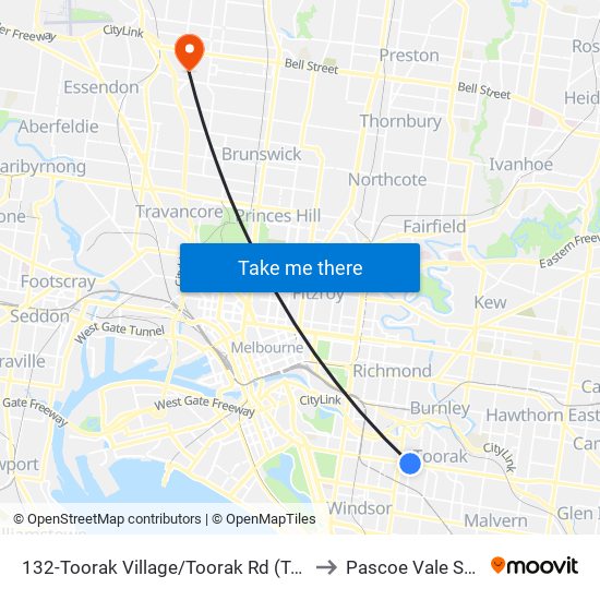 132-Toorak Village/Toorak Rd (Toorak) to Pascoe Vale South map