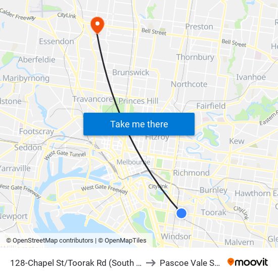 128-Chapel St/Toorak Rd (South Yarra) to Pascoe Vale South map