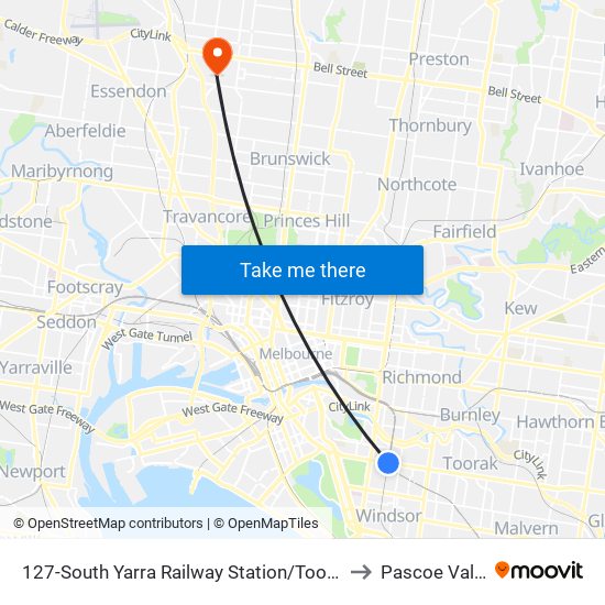 127-South Yarra Railway Station/Toorak Rd (South Yarra) to Pascoe Vale South map