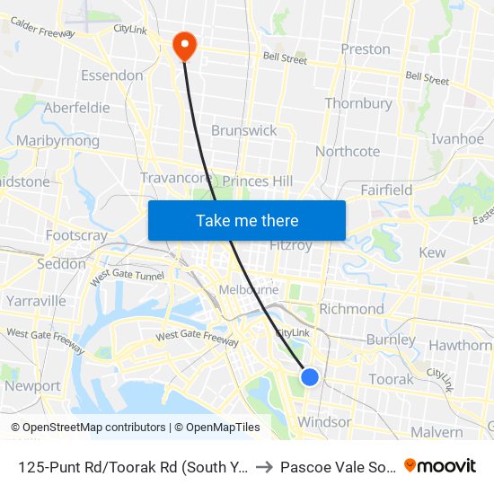 125-Punt Rd/Toorak Rd (South Yarra) to Pascoe Vale South map
