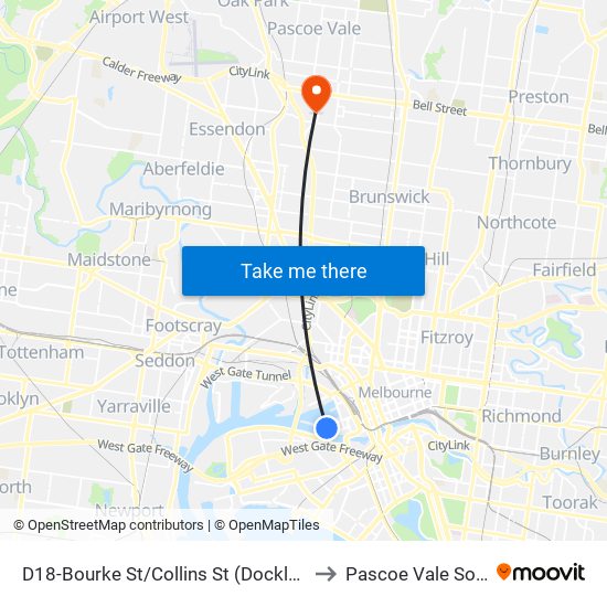 D18-Bourke St/Collins St (Docklands) to Pascoe Vale South map