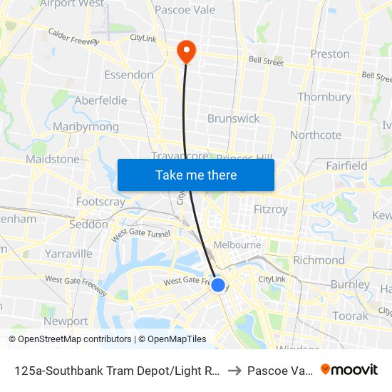 125a-Southbank Tram Depot/Light Rail (South Melbourne) to Pascoe Vale South map