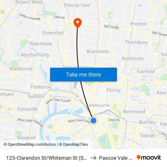 125-Clarendon St/Whiteman St (Southbank) to Pascoe Vale South map