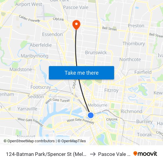 124-Batman Park/Spencer St (Melbourne City) to Pascoe Vale South map
