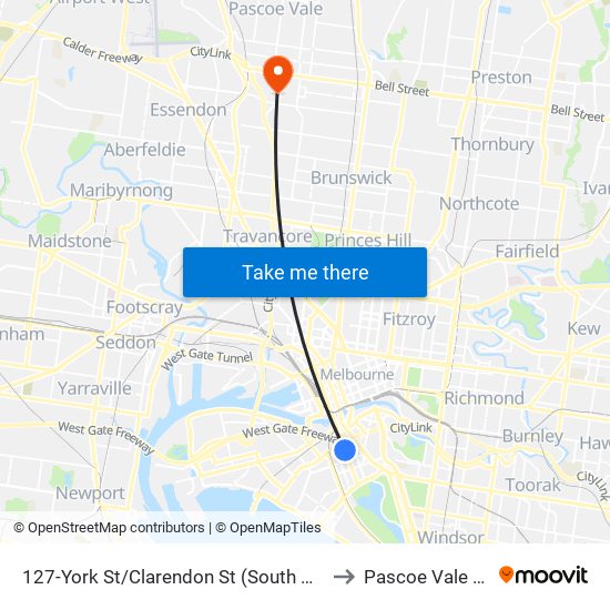 127-York St/Clarendon St (South Melbourne) to Pascoe Vale South map