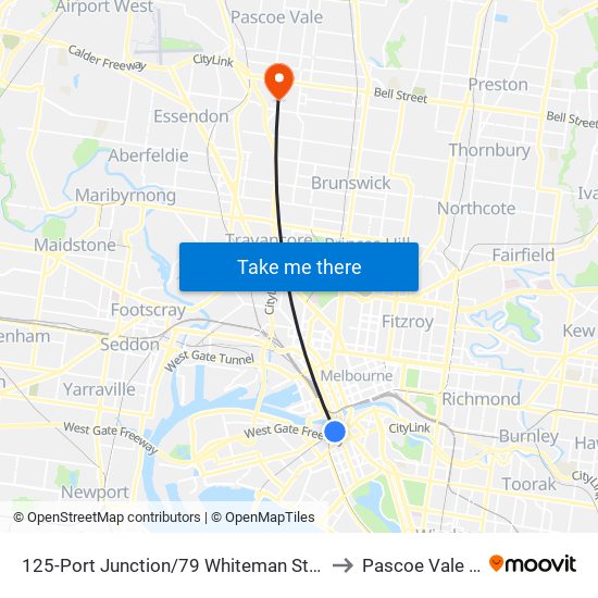 125-Port Junction/79 Whiteman St (Southbank) to Pascoe Vale South map