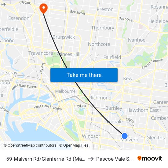 59-Malvern Rd/Glenferrie Rd (Malvern) to Pascoe Vale South map