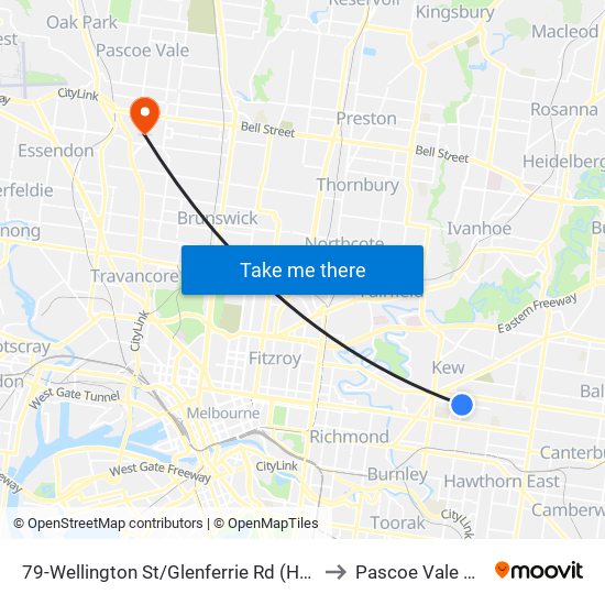 79-Wellington St/Glenferrie Rd (Hawthorn) to Pascoe Vale South map