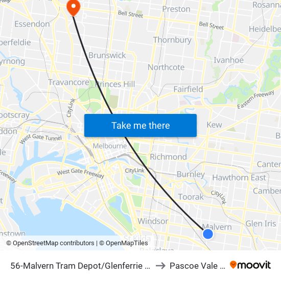 56-Malvern Tram Depot/Glenferrie Rd (Malvern) to Pascoe Vale South map