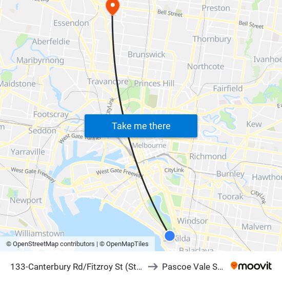 133-Canterbury Rd/Fitzroy St (St Kilda) to Pascoe Vale South map