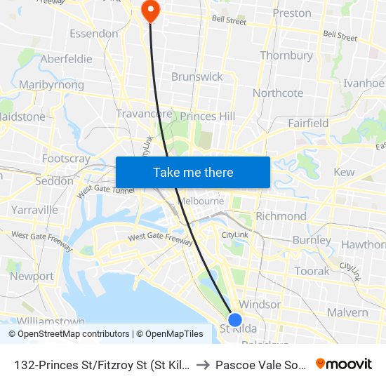 132-Princes St/Fitzroy St (St Kilda) to Pascoe Vale South map