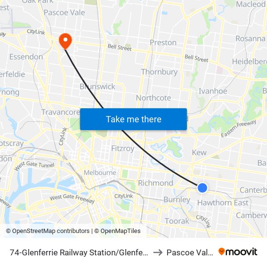 74-Glenferrie Railway Station/Glenferrie Rd (Hawthorn) to Pascoe Vale South map