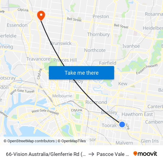 66-Vision Australia/Glenferrie Rd (Kooyong) to Pascoe Vale South map