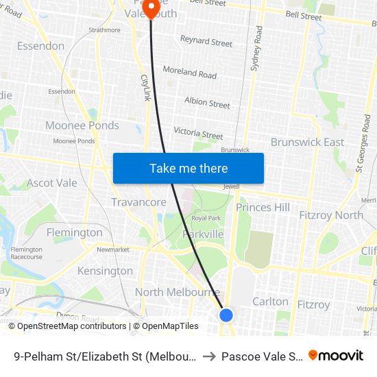 9-Pelham St/Elizabeth St (Melbourne City) to Pascoe Vale South map