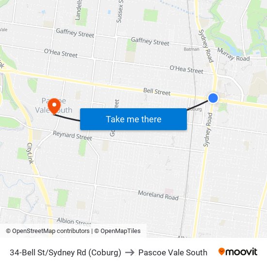 34-Bell St/Sydney Rd (Coburg) to Pascoe Vale South map