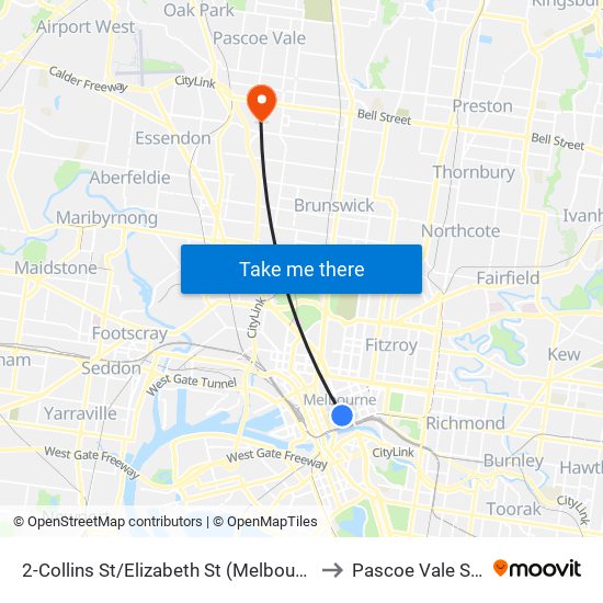 2-Collins St/Elizabeth St (Melbourne City) to Pascoe Vale South map