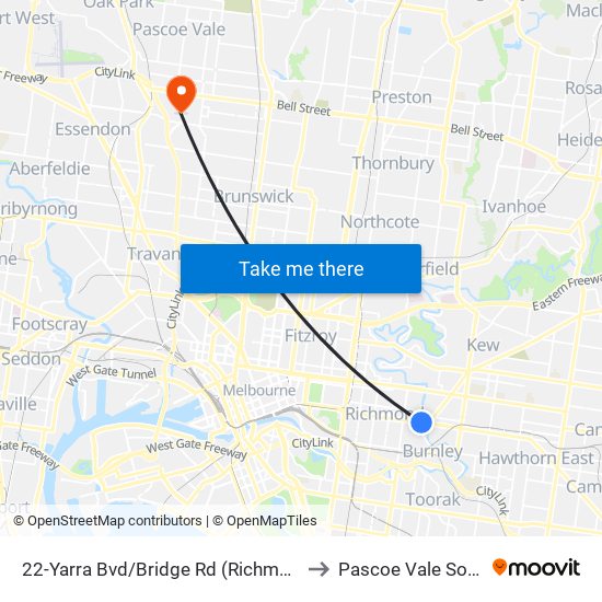 22-Yarra Bvd/Bridge Rd (Richmond) to Pascoe Vale South map