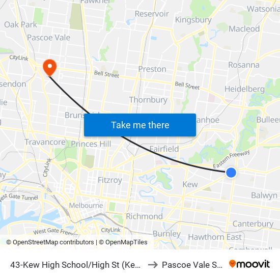 43-Kew High School/High St (Kew East) to Pascoe Vale South map